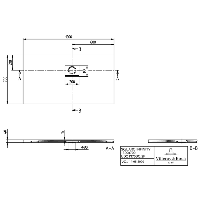 VILLEROY & BOCH - Duschwanne Squaro Infinity 1300x700x40mm re-eckig EB:re Stone White