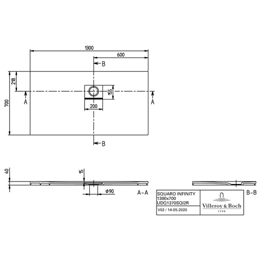 VILLEROY & BOCH - Duschwanne Squaro Infinity 1300x700x40mm re-eckig EB:re Stone White