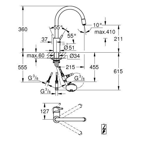 Grohe - EH-SPT-Batterie CONCETTO 31212 ND h.Ausl.GROHE ZERO azb. L-brause chrom
