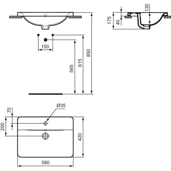 Ideal Standard - Einbauwaschtisch CONNECT, rechteckig, 1Hl., m.Ül., 580x430x175mm, Weiß