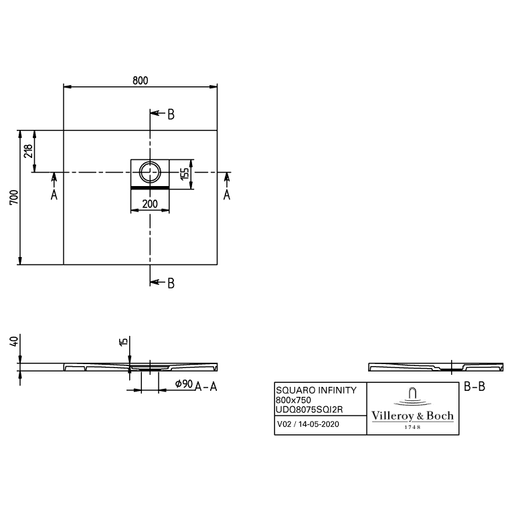 VILLEROY & BOCH - Duschwanne Squaro Infinity 800x700x40mm re-eckig EB:re Stone White
