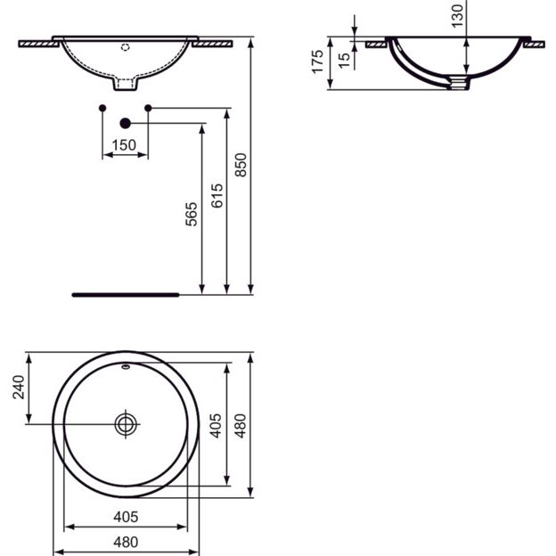 Ideal Standard - Einbauwaschtisch CONNECT, rund, o.Hl., m.Ül., 480x480x175mm, Weiß