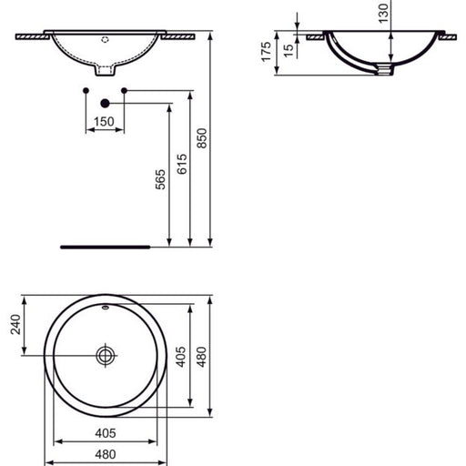 Ideal Standard - Einbauwaschtisch CONNECT, rund, o.Hl., m.Ül., 480x480x175mm, Weiß