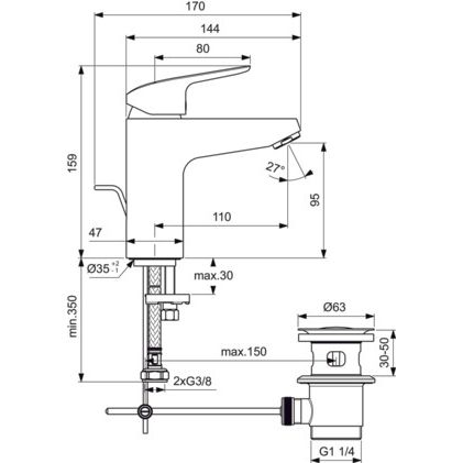 Ideal Standard - Waschtischarmatur CERAFLEX, 5 l/min. mit Ablgarn., Ausld. 110mm, Chrom
