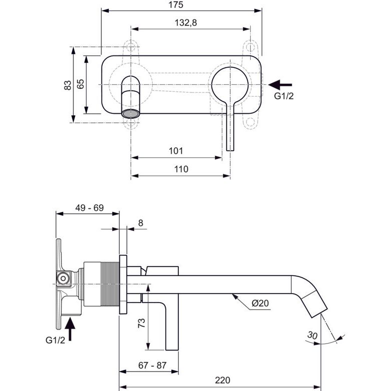 Ideal Standard - Wand-Waschtischarmatur JOY, BS2, eckige Rosette,Ausld.225mm,Magnetic grey