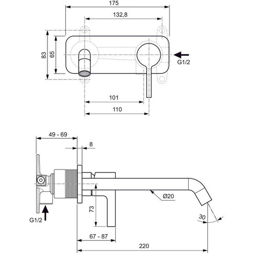 Ideal Standard - Wand-Waschtischarmatur JOY, BS2, eckige Rosette,Ausld.225mm,Magnetic grey