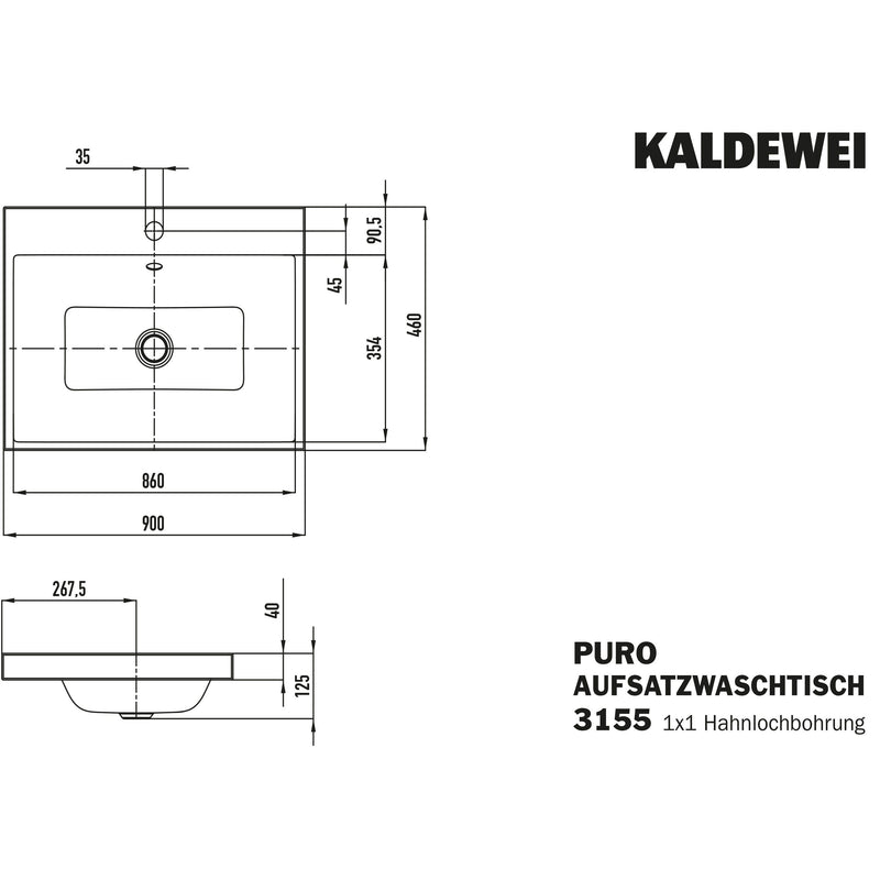 Franz Kaldewei - Aufsatzwaschtisch PURO Mod.3155, 900x460, alpinweiß,PEFF,AD,m. 1HL