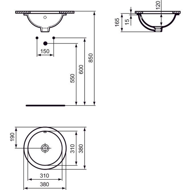 Ideal Standard - Unterbauwaschtisch CONNECT, rund, o.Hl., m.Ül., 380x380x165mm, Weiß