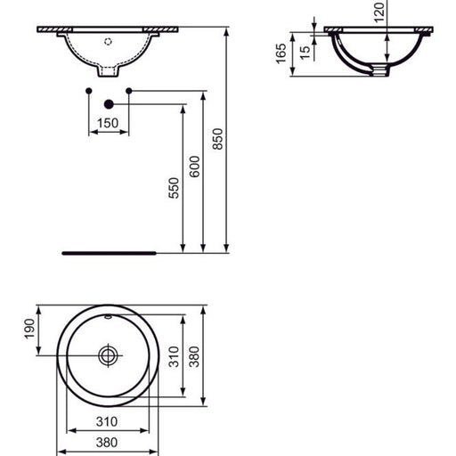 Ideal Standard - Unterbauwaschtisch CONNECT, rund, o.Hl., m.Ül., 380x380x165mm, Weiß