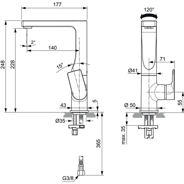 Ideal Standard - WT-Armatur EDGE, 5 l/min, o.Ablgarn., m.hohem schwenkb.Ausl.,Ausld.140mm,Chrom