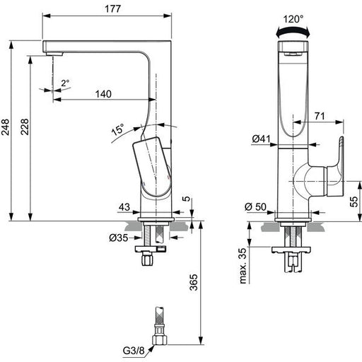 Ideal Standard - WT-Armatur EDGE, 5 l/min, o.Ablgarn., m.hohem schwenkb.Ausl.,Ausld.140mm,Chrom