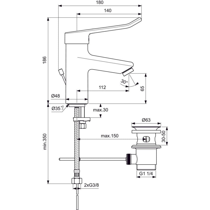 Ideal Standard - WT-Armatur CERAPLUS 2, mit Bügelgriff mit Ablaufgarn., Ausld. 112mm, Chrom