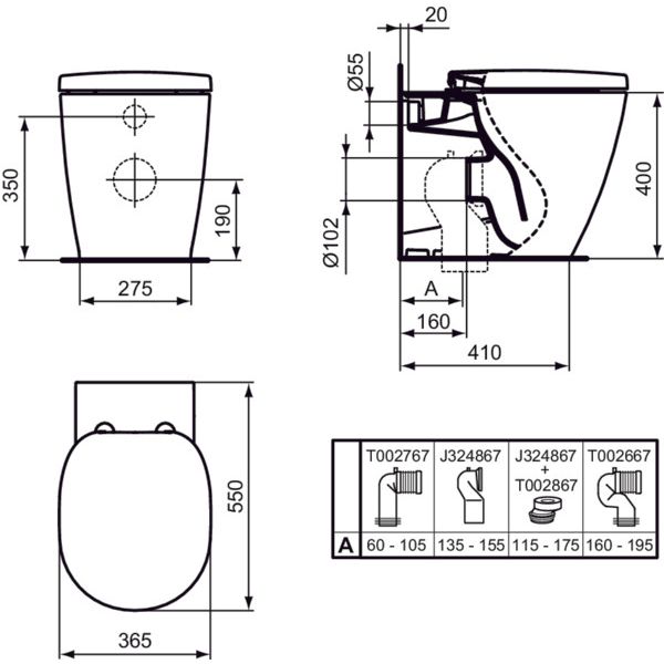 Ideal Standard - Stand-T-WC CONNECT, AquaBlade, Abg.waagr.verd., 360x545x400mm, Weiß