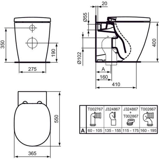 Ideal Standard - Stand-T-WC CONNECT, AquaBlade, Abg.waagr.verd., 360x545x400mm, Weiß