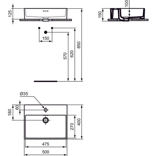 Ideal Standard - Aufsatzwaschtisch EXTRA, 1 Hl., o.Ül., 500x400x125mm, Weiß
