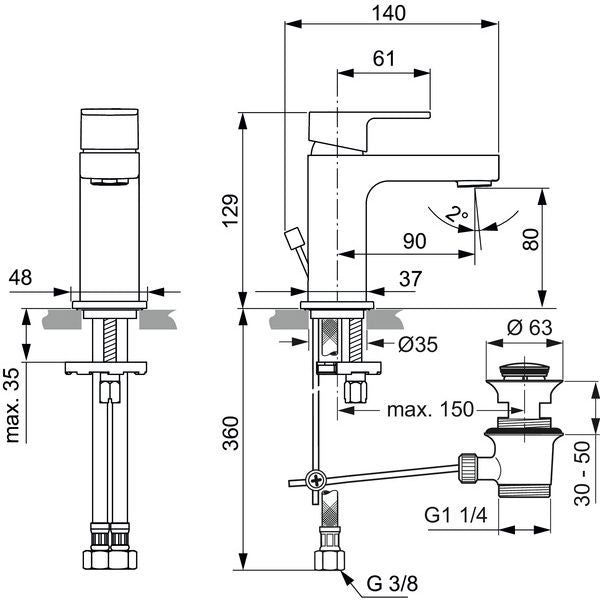 Ideal Standard - WT-Armatur EDGE, Slim Piccolo, m.Ablgarn., Ausld.90mm, Chrom