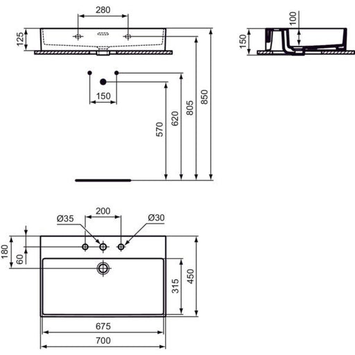 Ideal Standard - Waschtisch EXTRA, 3 Hl., m.Ül., 700x450x150mm, Weiß mit IdealPlus