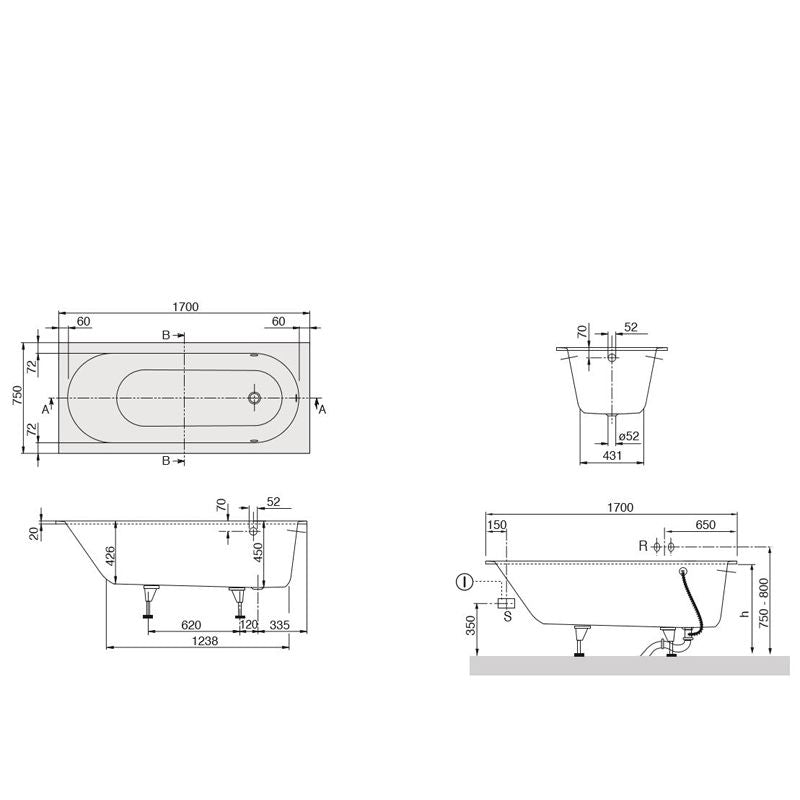 VILLEROY & BOCH - Quaryl-Badewanne A18 rechteck KF 1700x750x450mm mit Wannenfüßen weiß