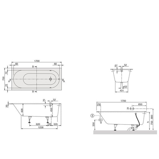 VILLEROY & BOCH - Quaryl-Badewanne A18 rechteck KF 1700x750x450mm mit Wannenfüßen weiß
