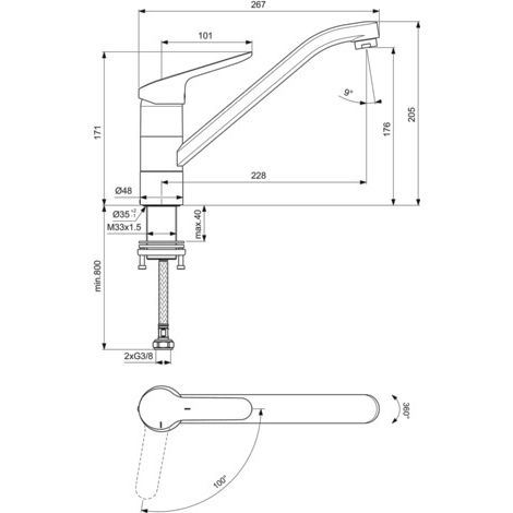 Ideal Standard - Küchenarmatur CERAFLEX, m.Rohrausl., Ausld.228mm, Vorfenstermontage, Chrom