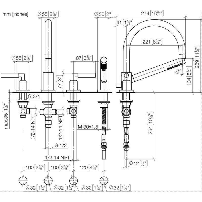 Dornbracht - Wannen 4-Locharmatur Hebelgriff TARA 27512882 Wannenrandmontage platin geb