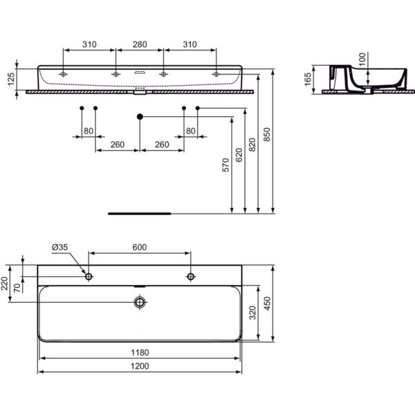Ideal Standard - Waschtisch CONCA, 2 Hl., m.Ül., 1200x450x165mm, geschliffen, Weiß