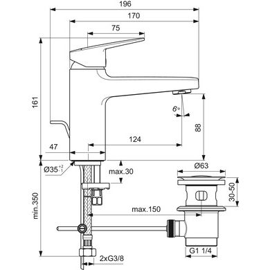 Ideal Standard - Waschtischarmatur CERAPLAN H90 m.Ablaufgarn. Ausld.124mm Idealfix Chrom