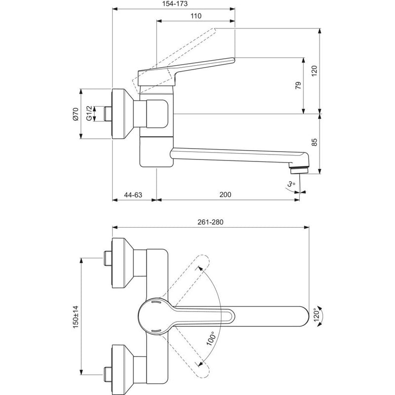 Ideal Standard - Wand-WT-Armatur CERAPLUS 2 5l/min., Ausld. 244-263mm, Chrom