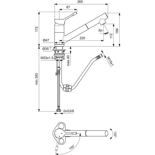 Ideal Standard - Küchenarmatur CERALOOK, m.herausz.HB, Ausld.220mm, Chrom