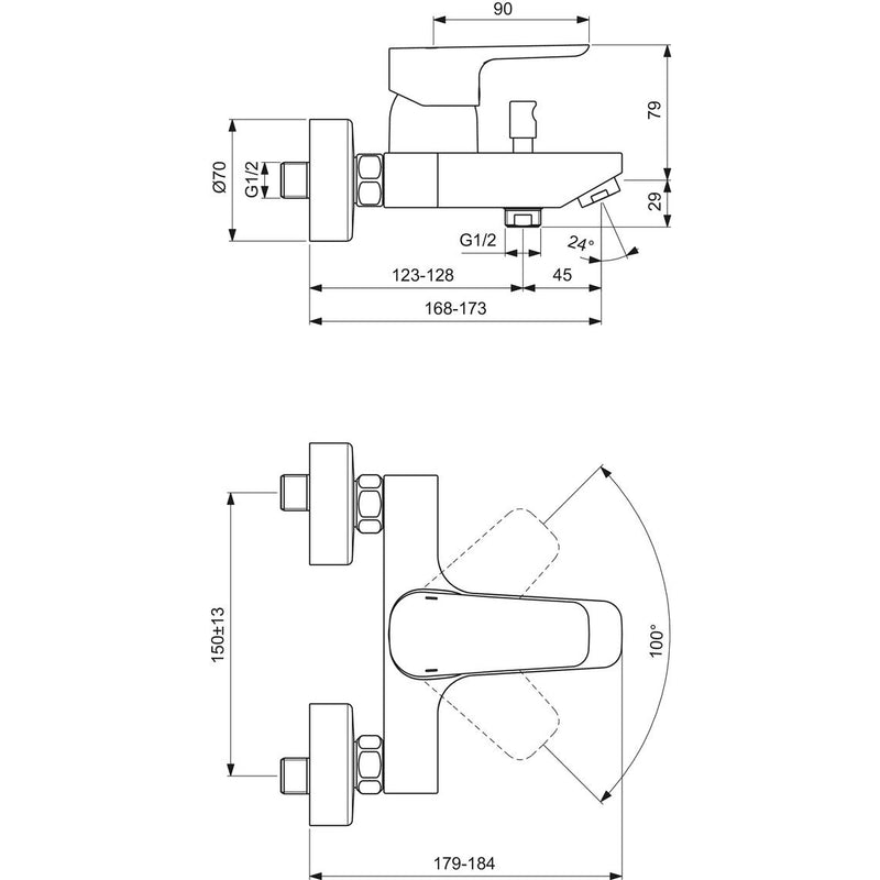 Ideal Standard - Badearmatur AP CERAPLAN III Ausladung 164-169mm, Chrom