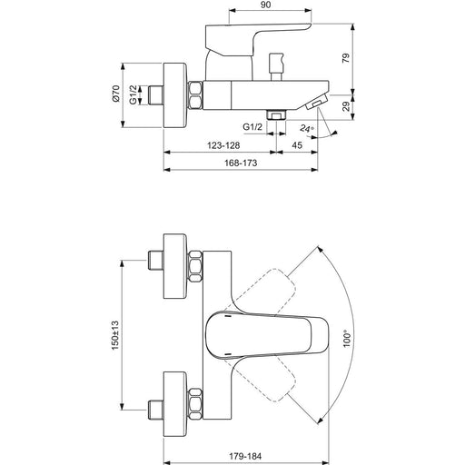 Ideal Standard - Badearmatur AP CERAPLAN III Ausladung 164-169mm, Chrom