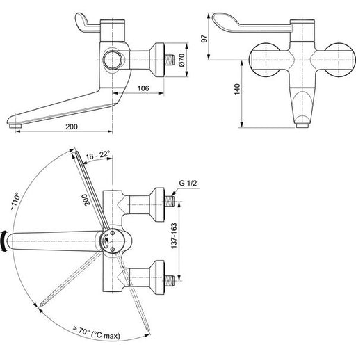 Ideal Standard - Wand-WT-Thermostat CERAPLUS 2 Ausld. 306mm, absp. S-Anschlüsse, Chrom