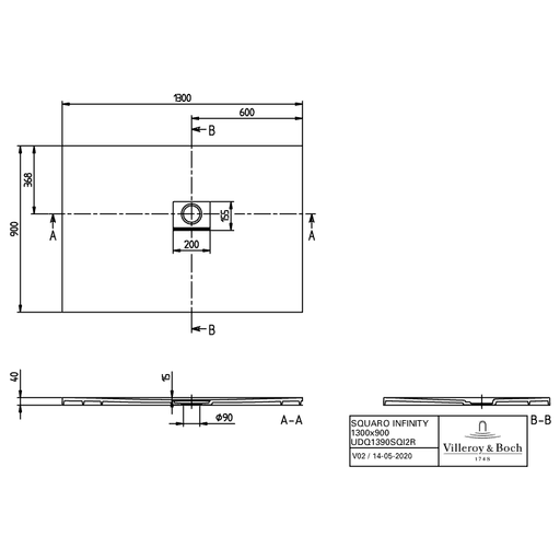 VILLEROY & BOCH - Duschwanne Squaro Infinity 1300x900x40mm re-eckig EB:re Grey