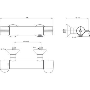 Ideal Standard - Brausethermostat AP CERAPLUS 2 gesamte Ausld. 115-133mm, Chrom