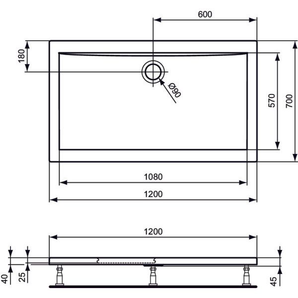 Ideal Standard - Rechteck-Brausewanne ULTRA FLAT, 1200x700x47mm, Weiß