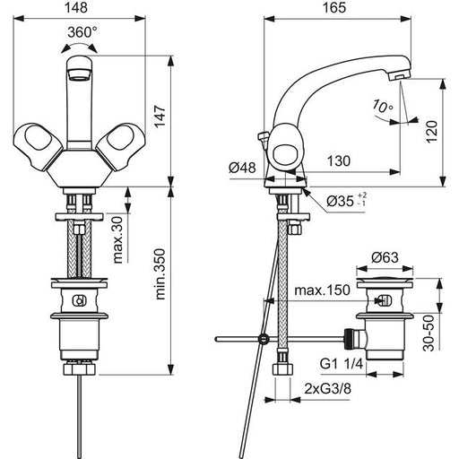 Ideal Standard - 2-Griff Waschtischarmatur ALPHA B2039A Ausladung 130mm chrom