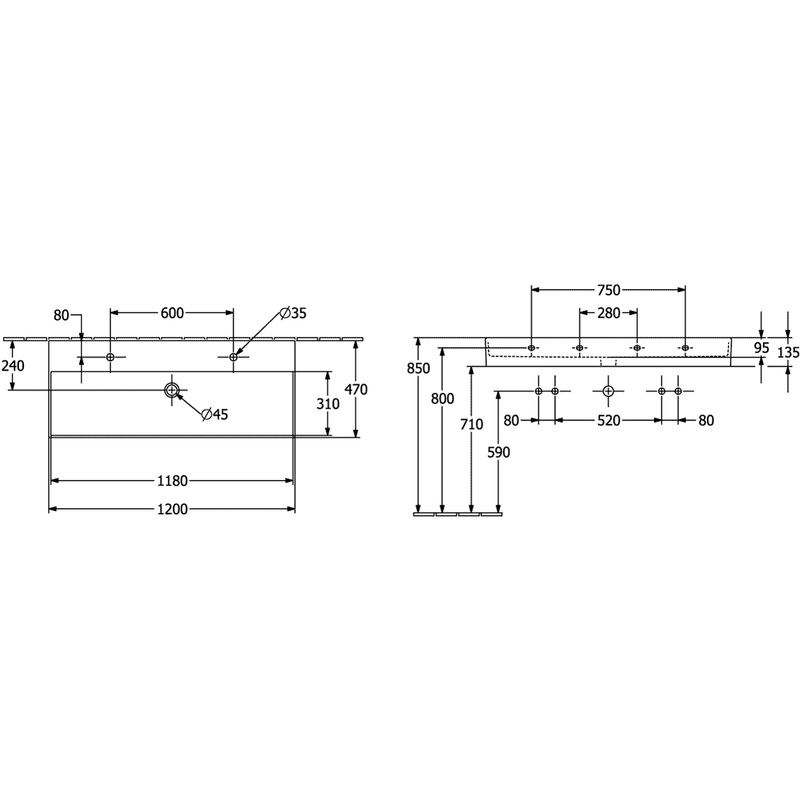VILLEROY & BOCH - Waschbecken Memento 2.0 1200x470mm re-eckig 2HL. m. ÜL. Graphite cplus