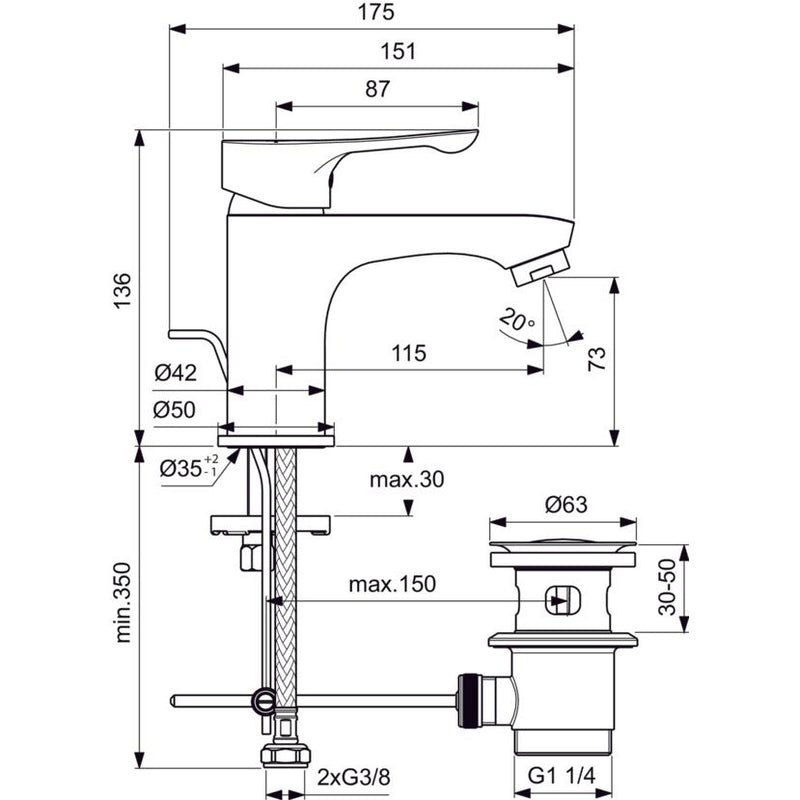 Ideal Standard - Waschtischarmatur ALPHA, m.Ablgarn., Ausladung 115mm, Chrom