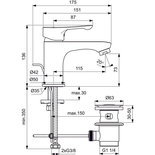 Ideal Standard - Waschtischarmatur ALPHA, m.Ablgarn., Ausladung 115mm, Chrom