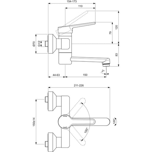 Ideal Standard - Wand-WT-Armatur CERAPLUS 2 5l/min., Ausld. 194-213mm, Chrom