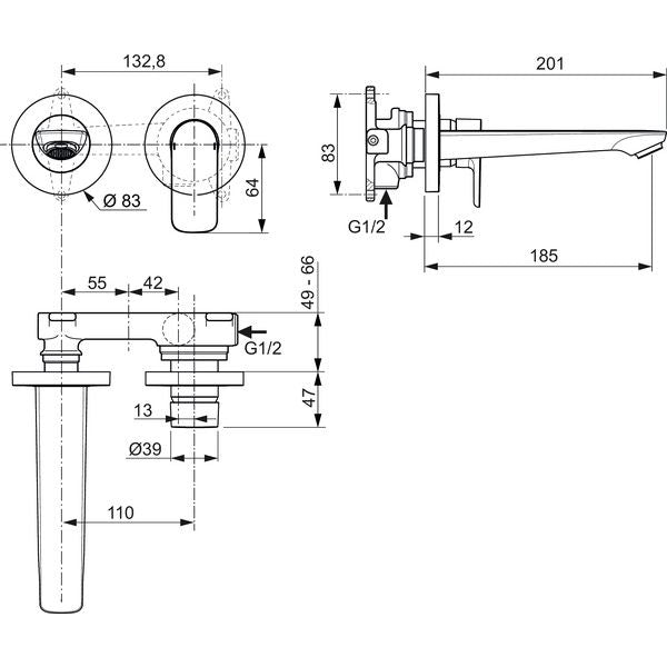 Ideal Standard - Wand-WT-Armatur UP CONNECT AIR, BS2, 5 l/min., Ausld. 185mm, Magnetic grey