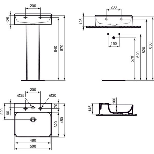 Ideal Standard - Waschtisch CONCA, 3 Hl., o.Ül., 500x450x145mm, Weiß