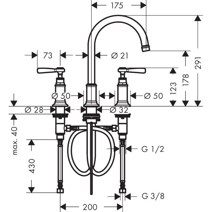 Hansgrohe - 3-Loch Waschtischarmatur 180 AXOR Montreux Standmodell Hebelgriff BN