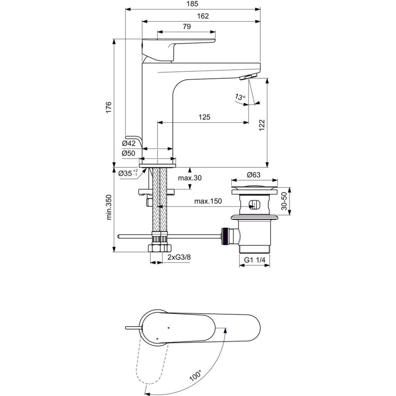 Ideal Standard - Waschtischarmatur CERAFINE O, H120, BlueStart, m.Ablgarn., Ausld.125mm,Chrom