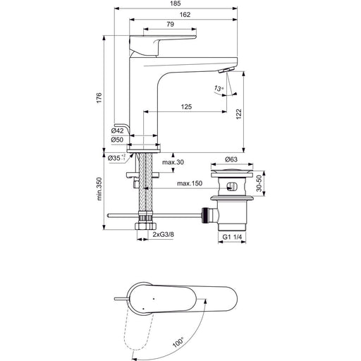 Ideal Standard - Waschtischarmatur CERAFINE O, H120, BlueStart, m.Ablgarn., Ausld.125mm,Chrom