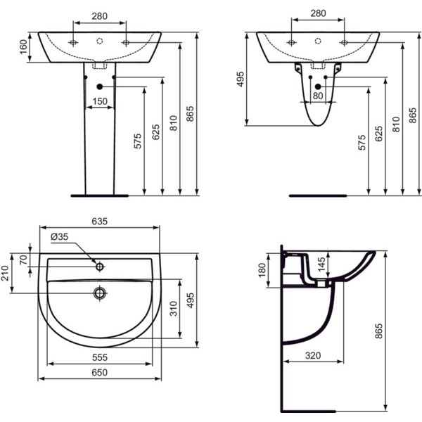 Ideal Standard - Waschtisch EUROVIT, 1 Hl., m.Ül., 635x495x180mm, Weiß