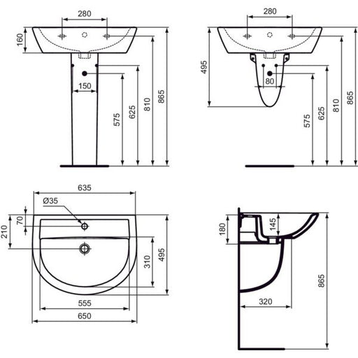 Ideal Standard - Waschtisch EUROVIT, 1 Hl., m.Ül., 635x495x180mm, Weiß