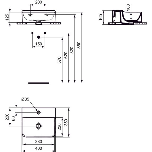 Ideal Standard - Handwaschbecken CONCA, 1 Hl., o.Ül., 400x350x145mm, Weiß mit IdealPlus