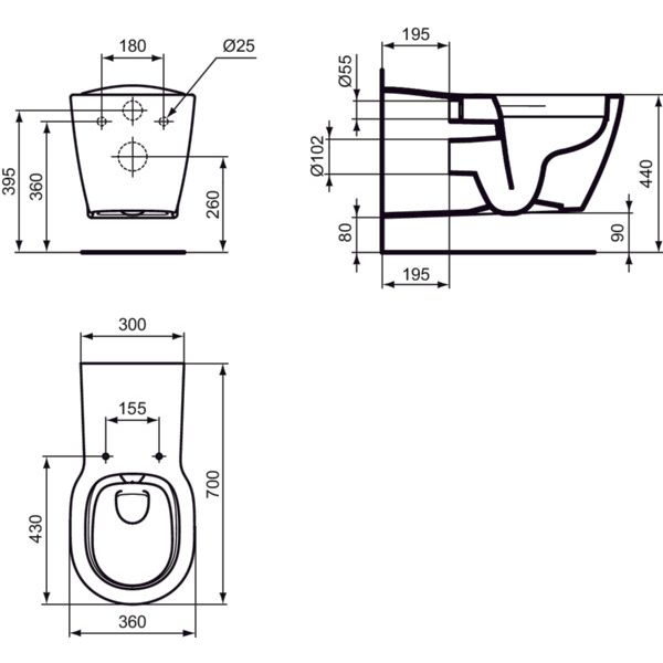 Ideal Standard - Wand-T-WC CONNECT FREEDOM, barr-frei, o. Spülrand, 360x700x385mm, Weiß mit IP