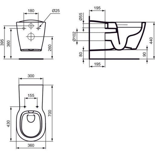 Ideal Standard - Wand-T-WC CONNECT FREEDOM, barr-frei, o. Spülrand, 360x700x385mm, Weiß mit IP